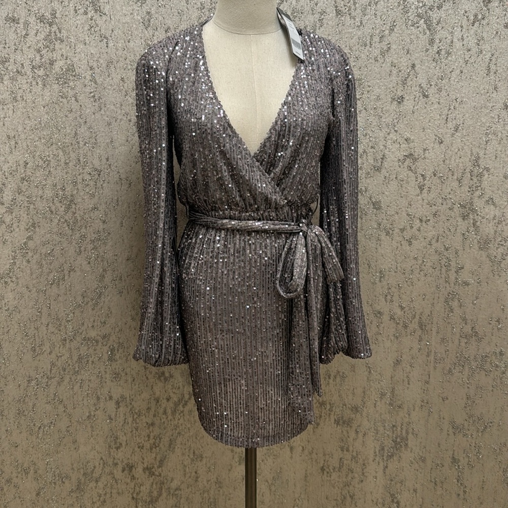 Bebe Size New Silver Sequins with Tie Front Mini Dress with lining